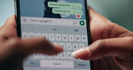 Aufkleber - Smartphone, typing and planning with hands of person for dinner, arrangement and online dating. Phone, screen and chat with contact, app UI for communication or mobile conversation for relationship