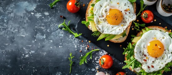 Canvas Print - Sandwiches made with fried egg fresh salad and avocado guacamole promoting a healthy lifestyle with a copy space image included