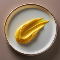 Wall Mural - A dollop of smooth, vibrant yellow mustard elegantly spread on a plain white plate