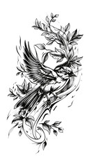 Wall Mural - A black and white drawing of a bird with leaves and branches. The bird is perched on a branch and has a wing spread out. The drawing has a serene and peaceful mood, with the bird representing freedom