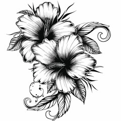 Wall Mural - A black and white drawing of a flower with a leafy stem. The drawing has a very elegant and sophisticated feel to it