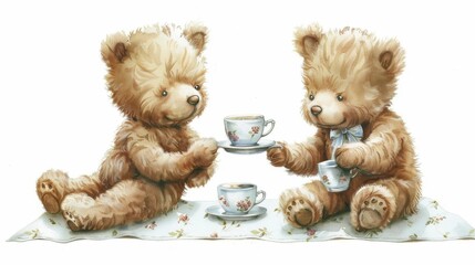 a teddy bear tea party, classic illustration, soft and cozy, isolated on white background