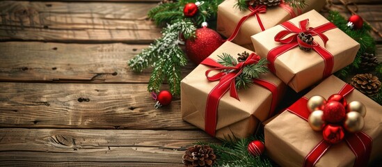 Poster - Festively decorated Christmas presents displayed on a wooden background with copy space image