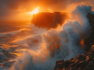 Poster - Dramatic Sunset Over Rough Sea With Cliffs