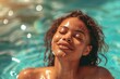 © DK_2020 - Dewy skinned woman basks in the joy of summer, her beautiful face radiating with wellness by the pool