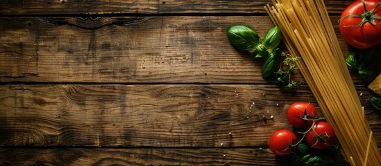 Canvas Print - Raw spaghetti and vegetable dish on a wooden background with copy space image