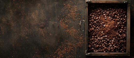 Canvas Print - Top down view of a wooden box filled with roasted beans coffee grounds and brown sugar ideal for adding your text alongside the copy space image