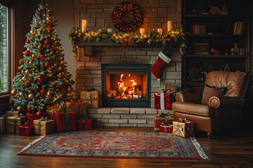 cozy christmas living room with tree and fireplace creates warm joyful holiday atmosphere