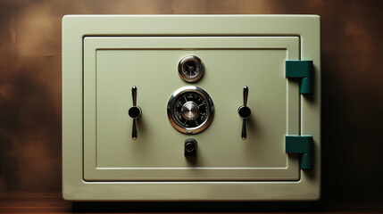  A Large, Rectangular Safe with a Light Green Finish, Featuring a Combination Lock with a Dial and Two Levers