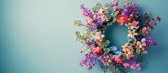 Poster - Decorative Easter wreath with lovely spring flowers on a blank background ideal for copy space image