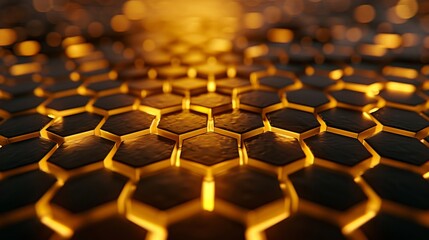 Poster - An abstract background with a polygonal mosaic surface surrounded by random golden hexagons. 3D rendering illustration.