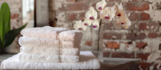 Sticker - Soft towels stacked on a table near a brick wall adorned with a flower offering copy space for text