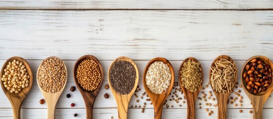 Wall Mural - Various grains and cereals displayed in wooden spoons on a white wooden surface Includes a copy space image