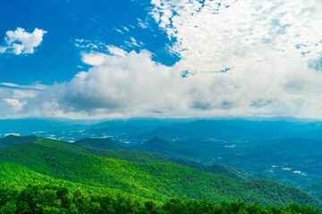 Sticker - Beautiful view of the Blue Ridge Mountains with a blue sky and scattered clouds. Georgia, USA