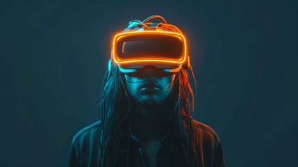 Poster - This is a portrait of a young cyber girl with glowing red, yellow, and blue wires in her hair who wears virtual reality glasses. Cyberspace Augmented Reality, futuristic vision. Dark blue background.