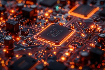 Sticker - A close up of a computer chip with a bright orange glow