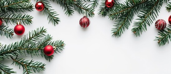 Poster - A festive Christmas themed image featuring decorations fir tree branches against a white backdrop conveying a cheerful Merry Christmas vibe with room for adding text. Copy space image