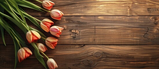 Canvas Print - Top down view of a stunning tulip arrangement on a rustic wooden surface with available copy space image