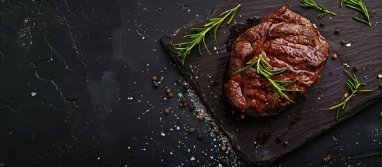 Canvas Print - Top down view of a grilled ramp cap steak presented on a stone cutting board against a black background creating a striking copy space image