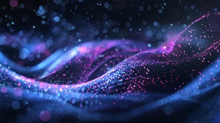 Poster - Music wave of particles. Big data visualization. Abstract blue background with dynamic wave in 3D.