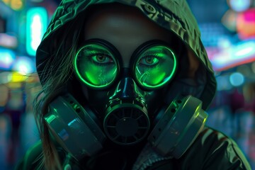 Poster - Cyberpunk girl wearing hooded jacket and gas mask, with safety goggles, wearing glowy green wires in the background, interspersed with colorful human skulls with crosses in the eyes.