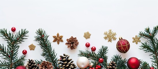 Sticker - A festive Christmas themed image featuring decorations fir tree branches against a white backdrop conveying a cheerful Merry Christmas vibe with room for adding text. Copy space image