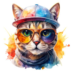  Watercolor cat wearing a colorful cap and sunglasses, showcasing a trendy and vibrant look with a splash of artistic background.