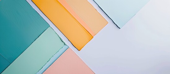 Poster - Colorful color guide with a palette of paint samples on a white background showcasing various hues for interior design and decoration with copy space image