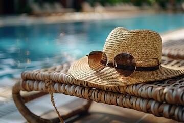 Wall Mural - A straw hat and sunglasses are on a lounge chair by a pool