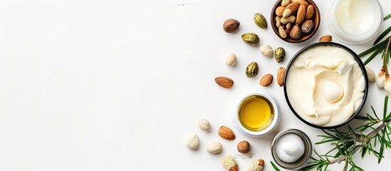 Wall Mural - Argan and macadamia oil creme shampoo and nuts displayed on a white background with copy space image