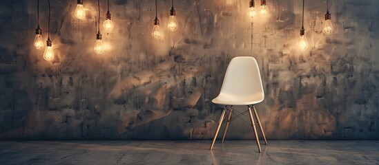 Poster - copy space image of a white chair near a wall with light bulbs in a modern warm toned professional p