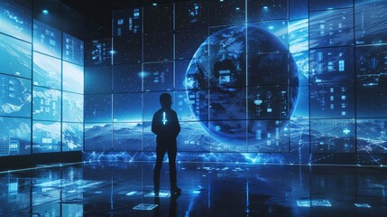 Poster - An awe-inspiring futuristic hologram screen landscape transports viewers to distant galaxies.