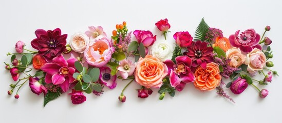 Wall Mural - Flat lay top view of a floral arrangement with roses orchids and ranunculus flowers forming a frame on a white background creating a refreshing copy space image