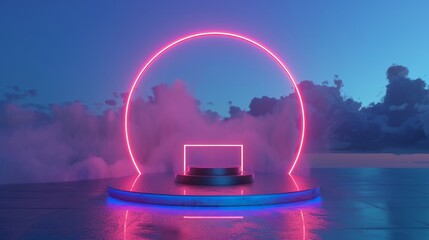 Poster - rendering of an abstract futuristic arch with neon lights and an empty concrete floor in 3d.
