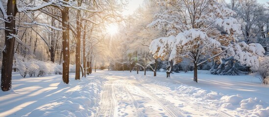 Snow covered trees in a sunny winter park setting with a clear path on the sidewalk for leisurely strolls ideal for a copy space image