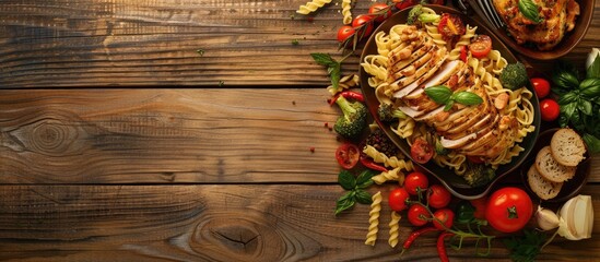 Poster - Top down view of a wooden table displaying traditional Italian food pasta with chicken veggies and a blank space for text or images. Copy space image. Place for adding text and design