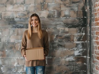 Cheerful woman in casual attire, holding cardboard boxes, standing against a textured brick wall background, creating a blend of modern and rustic vibes