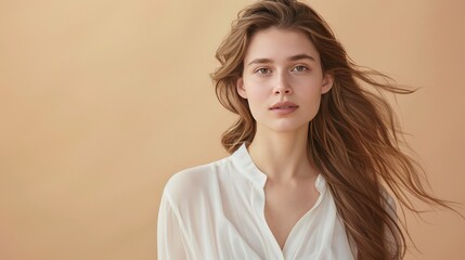 Canvas Print - A woman with long brown hair is standing in front of a tan wall