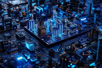 Poster - An illustration showing the future microchip city. A megalopolis based on science fiction and computer engineering.