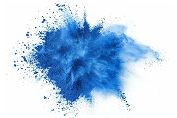 Paint of an abstract blue dust explosion on a white background. A splash of blue powder is frozen in motion. Painted Holi.