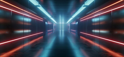 Poster - a futuristic hi-tech dark room with neon light tubes and white color with an empty space in the midd