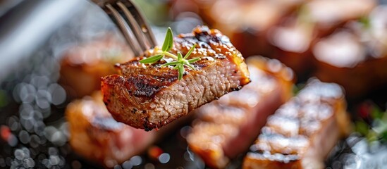 Sticker - A close up shot of sliced grilled pork steak on a fork with a blurry background perfect for a copy space image