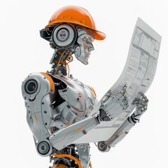 Poster - 3D illustration of a robot engineer in a hardhat holding construction drawings. Android, humanoid, or cyborg technology concept.