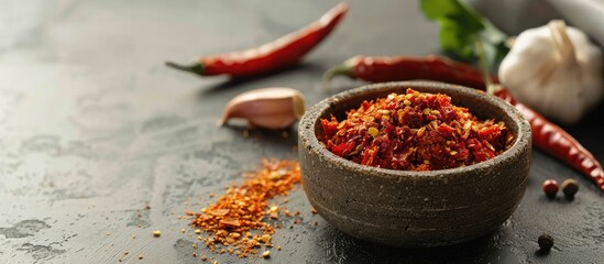 Canvas Print - Close up of a bowl with Georgian adjika seasoning including red pepper and garlic on a concrete table with copy space image