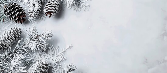 An elegant New Year card featuring a silver tinsel with pine cones in the corners against a plain light backdrop perfect for adding a copy space image