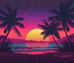 Fototapete - Template for neon, synthwave, retrowave and video game graphics. Includes retro video games, futuristic design, rave music, 80s computer graphics and sci-fi theme.