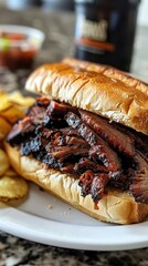 Wall Mural - Close-up of a juicy pulled beef sandwich with fries and sauce.