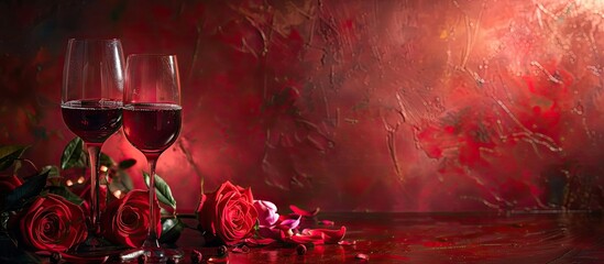 Canvas Print - A romantic Valentine s Day background with a gala dinner set for two featuring a table adorned with red wine roses and copy space image