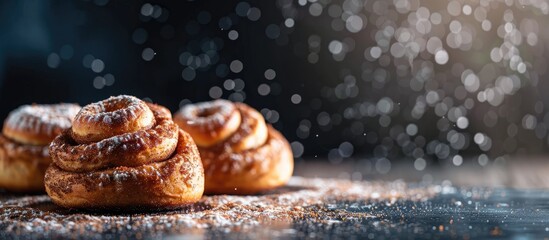 Poster - Cooking process of Cinnabon cinnamon buns in the background with copy space image available