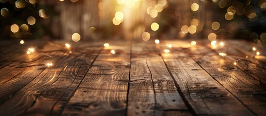 Poster - Rustic wood table with twinkling party lights and burl background makes an ideal setting for a tiny handmade Christmas gift or New Year celebration creating a charming copy space image